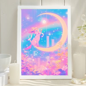 Ilustración de Pokémon Sylveon, lámina artística de Pokémon, póster de Pokémon en acuarela, pintura hecha a mano de Pokémon, decoración de habitación kawaii, decoración de Fairycore