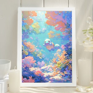 Ilustración de Squirtle de Pokémon, impresión artística de Pokémon, póster de Pokémon en acuarela, pintura hecha a mano de Pokémon, decoración de habitación kawaii, decoración de Fairycore