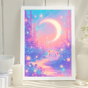 Ilustración de Jigglypuff de Pokémon, impresión artística de Pokémon, póster de Pokémon en acuarela, pintura hecha a mano de Pokémon, decoración de habitación kawaii, decoración de Fairycore