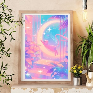 Ilustración de Mew de Pokémon, lámina artística de Pokémon, póster de Pokémon en acuarela, pintura hecha a mano de Pokémon, decoración de habitación kawaii, decoración de Fairycore
