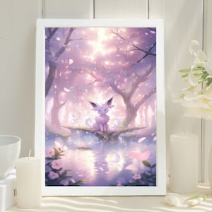 Ilustración de Pokémon Espeon, lámina artística de Pokémon, póster de Pokémon en acuarela, pintura hecha a mano de Pokémon, decoración de habitación kawaii, decoración de Fairycore