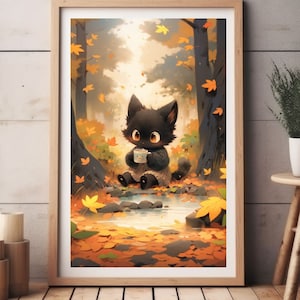 Schwarze Katze Herbst Blumendekor, AC Herbst Wandkunst, Kawaii Raum Dekor, Fairycore Dekor, Pastell schwarze Katze Poster, schwarze Katze Vintage Kunstdruck
