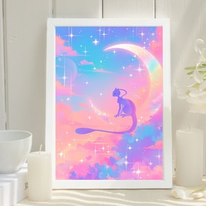 Ilustración de Mewtwo de Pokémon, impresión artística de Pokémon, póster de Pokémon en acuarela, pintura hecha a mano de Pokémon, decoración de habitación kawaii, decoración de Fairycore