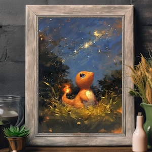 Ilustración de Charmander de Pokémon, impresión artística de Pokémon, póster de Pokémon en acuarela, pintura hecha a mano de Pokémon, decoración de habitación kawaii, decoración de Fairycore