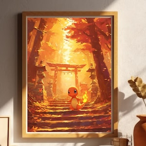 Pokemon Charmander illustratie, Pokemon Art Print, aquarel Pokemon poster, Pokemon handgemaakt schilderij, kawaii kamerdecoratie, Fairycore Decor