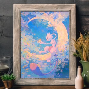 Ilustración de Mewtwo de Pokémon, impresión artística de Pokémon, póster de Pokémon en acuarela, pintura hecha a mano de Pokémon, decoración de habitación kawaii, decoración de Fairycore