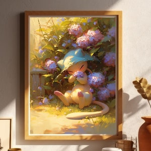 Ilustración de Mew de Pokémon, lámina artística de Pokémon, póster de Pokémon en acuarela, pintura hecha a mano de Pokémon, decoración de habitación kawaii, decoración de Fairycore