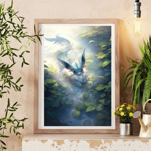 Ilustración de Pokémon Vaporeon, lámina artística de Pokémon, póster de Pokémon en acuarela, pintura hecha a mano de Pokémon, decoración de habitación kawaii, decoración de Fairycore