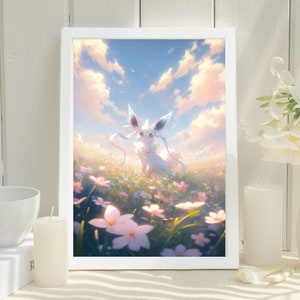 Ilustración de Pokémon Sylveon, lámina artística de Pokémon, póster de Pokémon en acuarela, pintura hecha a mano de Pokémon, decoración de habitación kawaii, decoración de Fairycore