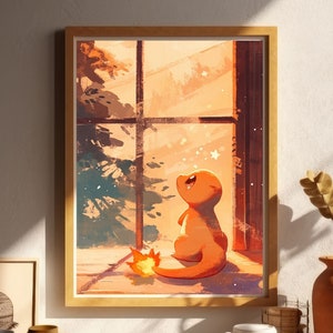 Pokemon Charmander illustratie, Pokemon Art Print, aquarel Pokemon poster, Pokemon handgemaakt schilderij, kawaii kamerdecoratie, Fairycore Decor