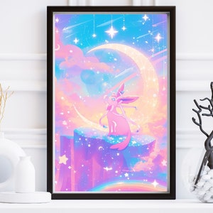 Ilustración de Pokémon Sylveon, lámina artística de Pokémon, póster de Pokémon en acuarela, pintura hecha a mano de Pokémon, decoración de habitación kawaii, decoración de Fairycore