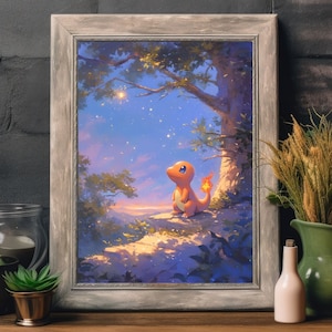 Ilustración de Charmander de Pokémon, impresión artística de Pokémon, póster de Pokémon en acuarela, pintura hecha a mano de Pokémon, decoración de habitación kawaii, decoración de Fairycore