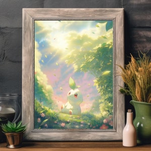 Ilustración de Pokémon Chikorita, impresión artística de Pokémon, póster de Pokémon en acuarela, pintura hecha a mano de Pokémon, decoración de habitación kawaii, decoración de Fairycore