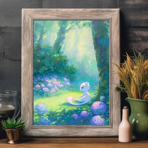 Ilustración de Mew de Pokémon, lámina artística de Pokémon, póster de Pokémon en acuarela, pintura hecha a mano de Pokémon, decoración de habitación kawaii, decoración de Fairycore
