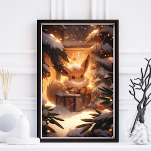 Ilustración navideña de Eevee de Pokémon, impresión artística de Pokémon, póster de Pokémon en acuarela, pintura hecha a mano de Pokémon, decoración de habitación kawaii, Fairycore