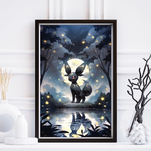 Ilustración de Umbreon de Pokémon, lámina artística de Pokémon, póster de Pokémon en acuarela, pintura hecha a mano de Pokémon, decoración de habitación kawaii, decoración de Fairycore