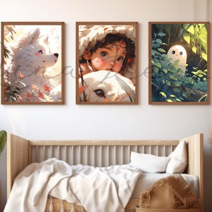 Pôster da Princesa Mononoke, conjunto de arte de parede japonesa para decoração de quarto de bebê, kit de colagem de parede, 3 peças de arte de parede com estampas de anime, decoração de quarto kawaii