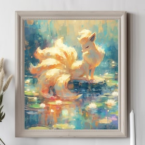 Ilustración de Pokémon Ninetales, lámina artística de Pokémon, póster de Pokémon en acuarela, pintura hecha a mano de Pokémon, decoración de habitación kawaii, Fairycore
