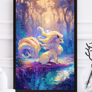 Ilustración de Pokémon Ninetales, lámina artística de Pokémon, póster de Pokémon en acuarela, pintura hecha a mano de Pokémon, decoración de habitación kawaii, Fairycore
