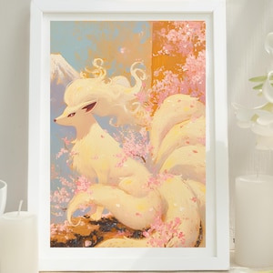 Ilustración de Pokémon Ninetales, lámina artística de Pokémon, póster de Pokémon en acuarela, pintura hecha a mano de Pokémon, decoración de habitación kawaii, Fairycore
