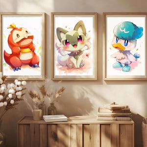 Set de inicio de Pokémon: Ilustración de Pokémon, lámina artística, póster de acuarela de Pokémon, decoración de habitación kawaii, arte digital, fanart de Pokémon