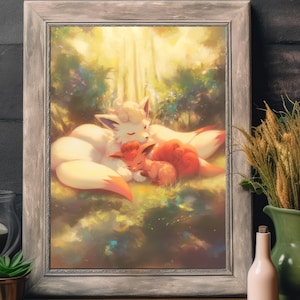 Ilustración de Pokémon Ninetales y Vulpix, lámina artística de Pokémon, póster de Pokémon en acuarela, pintura de Pokémon, decoración de habitación kawaii, Fairycore