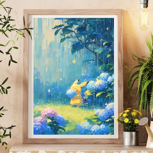 Ilustración de Pikachu de Pokémon, lámina artística de Pokémon, póster de Pokémon en acuarela, pintura hecha a mano de Pokémon, decoración de habitación kawaii, decoración de Fairycore