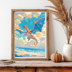 Ilustración de Charizard de Pokémon, lámina artística de Pokémon, póster de Pokémon en acuarela, pintura hecha a mano de Pokémon, decoración de habitación kawaii, decoración de Fairycore
