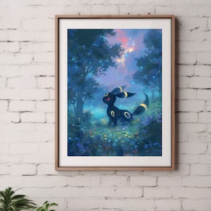 Ilustración de Umbreon de Pokémon, lámina artística de Pokémon, póster de Pokémon en acuarela, pintura hecha a mano de Pokémon, decoración de habitación kawaii, decoración de Fairycore