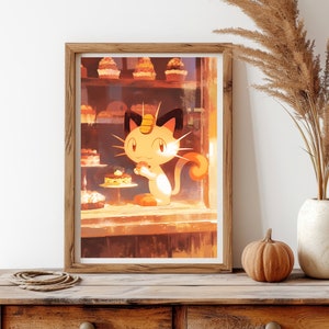 Ilustración de Meowth de Pokémon, lámina artística de Pokémon, póster de Pokémon en acuarela, pintura hecha a mano de Pokémon, decoración de habitación kawaii, decoración de Fairycore