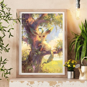 Ilustración de Leafeon de Pokémon, lámina artística de Pokémon, póster de Pokémon en acuarela, pintura hecha a mano de Pokémon, decoración de habitación kawaii, decoración de Fairycore