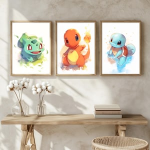 Set de inicio de Pokémon: Ilustración de Pokémon, lámina artística, póster de acuarela de Pokémon, decoración de habitación kawaii, arte digital, fanart de Pokémon