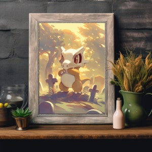 Ilustración de Cubone de Pokémon, lámina artística de Pokémon, póster de Pokémon en acuarela, pintura hecha a mano de Pokémon, decoración de habitación kawaii, decoración de Fairycore