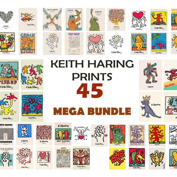 Keith Haring Conjunto de 45 impresiones, Conjunto de carteles de Keith Haring, Conjunto de pared de galería, Póster de exposición, Póster de museo, Arte de pared imprimible, Descarga digital