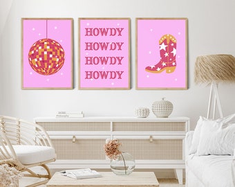 Pink Western Art Prints Set: Disco Ball, Howdy, Cowboy Boot (Digital Downloads)