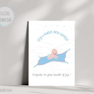 Cartão de parabéns para um novo bebê, “É um mundo totalmente novo”, saudação digital engraçada e doce, download instantâneo para impressão, cartão 5x7, cartão elegante