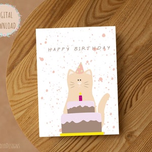 Cartão de aniversário de gato para impressão, cartão de aniversário de gato engraçado, download instantâneo, cartão de aniversário digital para amigos, cartão de felicitações 5x7, cartão chique