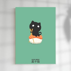Kuroneko | Cute Cat Sushi Poster | Kawaii Wall Art | Pet Lover Decor | Gift for Cat Lovers | Home Office Decoration