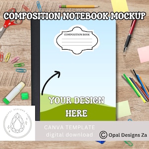 May include: A composition notebook mockup with a blue and green design, featuring the text "YOUR DESIGN HERE." The image includes stationery items like scissors, paper clips, a pencil, and a pen, suggesting a school or office theme.