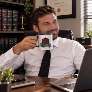 Peut inclure: Un mug en céramique blanche orné d'un graphique représentant un dé à vingt faces rouge au-dessus d'une bannière verte portant l'inscription "DUNGEON DAD" en lettres noires. Le mug présente une forme cylindrique simple avec une anse latérale.