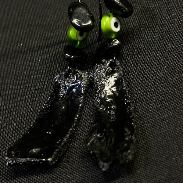 Real Bone dangle drop earrings made with turtle carapace bone hand painted black with a green evil eye and black glass beads attached
