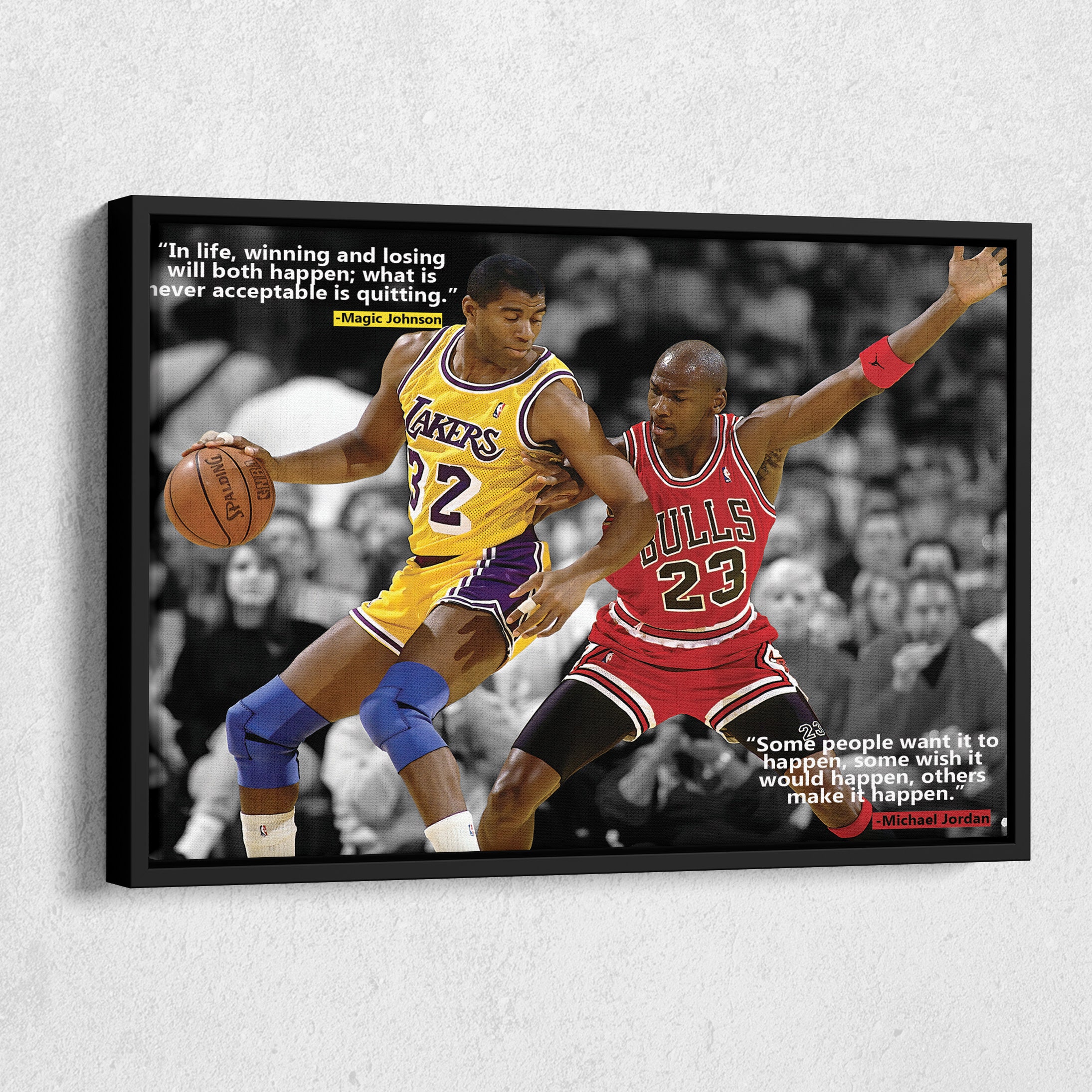 Magic Johnson #32 of the Los Angeles Lakers and Michael Jordan #23