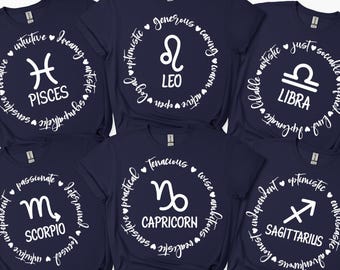 Camiseta con rasgos del signo zodiacal, camiseta gráfica de personalidad astrológica, regalo de cumpleaños del horóscopo celestial, camiseta minimalista de astrología zodiacal.