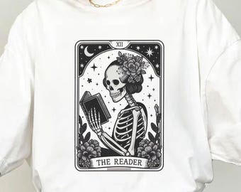 The Reader Tarot Card Shirt: Skeleton Book Lover Gift