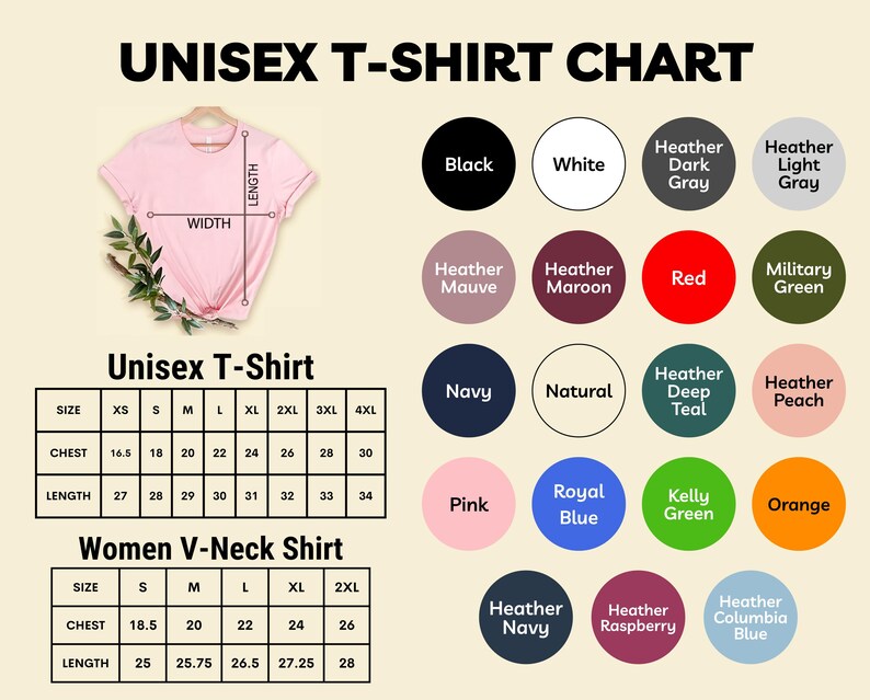 The image is a chart that provides size and color options for a unisex t-shirt, including a pink t-shirt, navy, natural, red, military green, peach, pink, royal blue, green, orange, and a women's v-neck shirt.