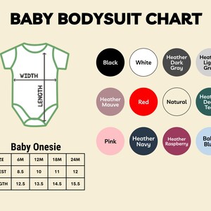 The image is a baby onesie chart that provides size and color options for a baby's onesie.