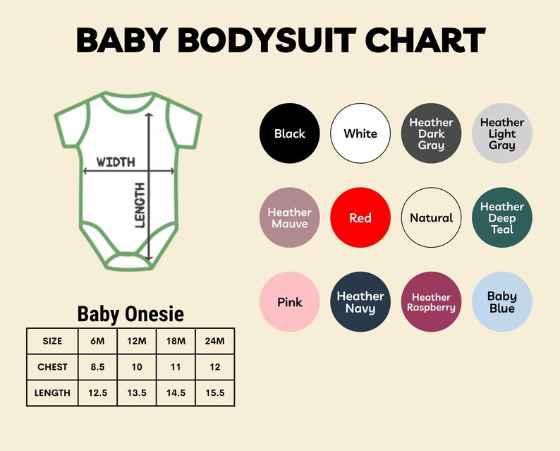 The image is a baby onesie chart that provides size and color options for a baby's onesie.