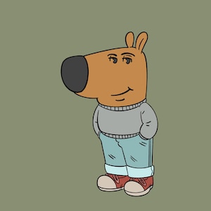 Pode incluir: Uma ilustração de desenho animado de um cão castanho vestindo um suéter cinza e calças jeans azuis. O cão tem um nariz grande e preto e está sorrindo.