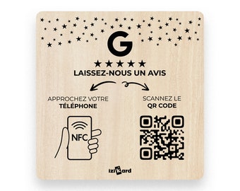 Plaque Avis Google en Bois 12x12cm avec QR Code et NFC - Augmentez Vos Avis en Ligne