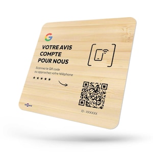 Plaque Avis Google en Bois 12x12cm avec QR Code et NFC - Augmentez Vos Avis en Ligne